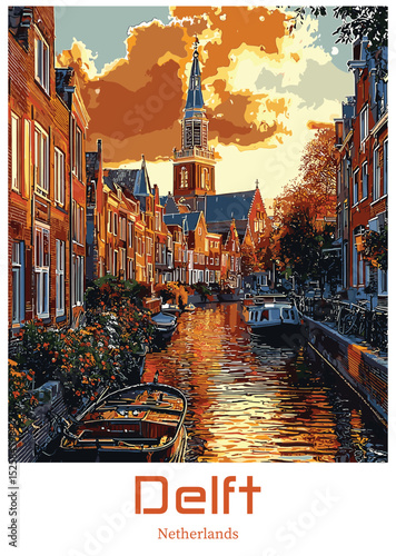 Delft, Netherlands: Vector Illustration of Canal Scene.