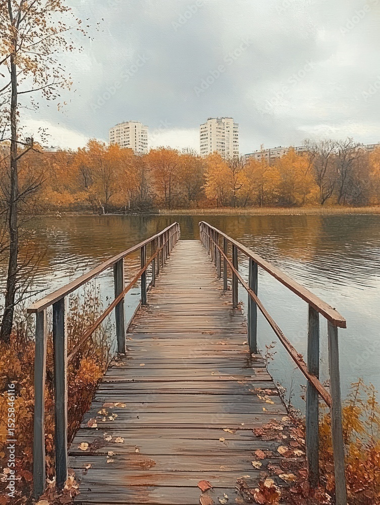 Obraz premium Wooden pier with metal railings extending over a calm autumn lake surrounded by orange and yellow trees under a cloudy sky with distant city apartment buildings