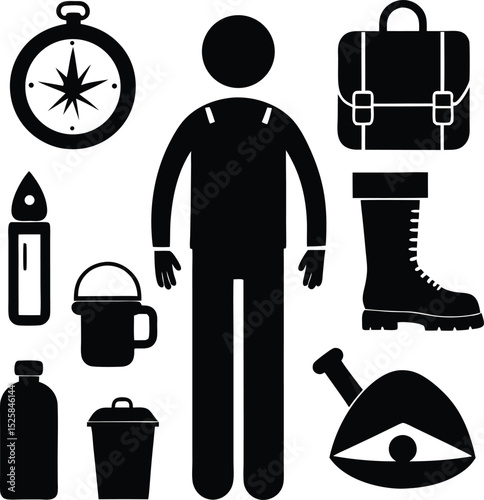 Camping Gear Set with Person in Black and White Outdoor Art, Minimalist Tent and Boot Design for Adventure Illustration