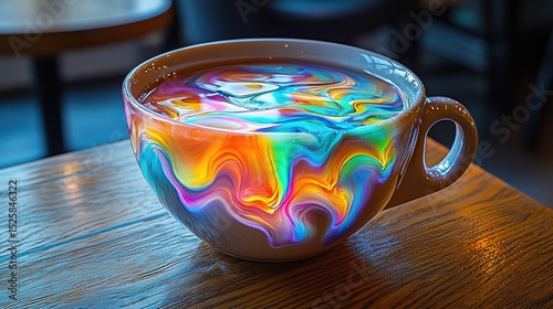 Vibrant Rainbow Coffee Cup on Wooden Table