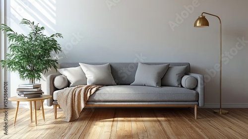 Modern living room interior with a grey sofa adorned with cushions and a beige throw, a wooden floor, a round side table with books and a green plant, and a brass floor lamp casting soft light