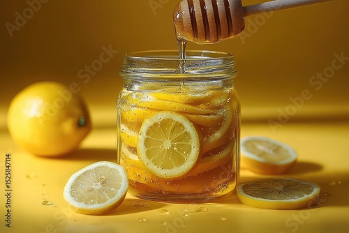 glass jar filled with lemon slices and honey with honey dripping from a wooden honey dipper on a yellow surface with sliced lemons around it