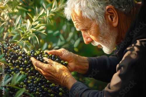 Elderly man harvesting ripe olives gently with both hands in a sunlit olive grove