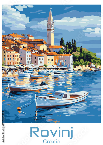 Rovinj, Croatia Vector Illustration. Cityscape with Boats on the Water.