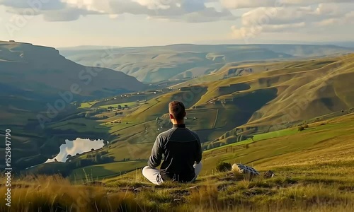 A man meditating through deep breaths atop a hill with a serene valley view