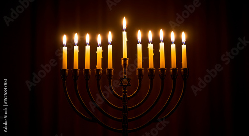 Fully lit menorah glowing with spiritual radiance. final night of Hanukkah concept.