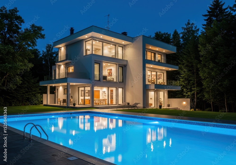 Fototapeta premium Modern house with swimming pool reflecting lights at night
