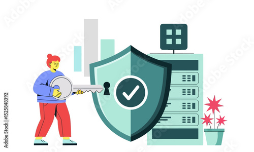 Data Security and Server Protection. a person securing data with a large key, a shield with a checkmark, and server racks in the background, symbolizing robust cybersecurity and digital protection.