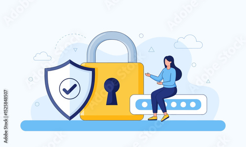 Account Security and Password Protection. Woman near padlock and shield (checkmark), with password field: symbolizing secure login, account protection, and strong cybersecurity.