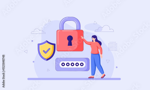 Enhancing Digital Security and Password Protection. Woman interacting with padlock, shield, and password field: symbolizing the active management of digital security and strong password practices.