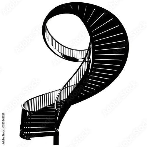A silhouette of a spiral staircase, white background.