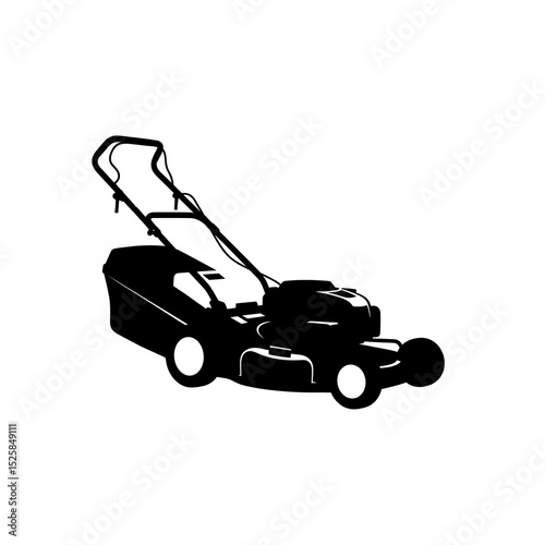 A silhouette of a lawnmower, white background.