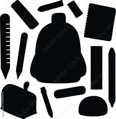 minimalist school supplies black silhouette design with backpack, notebook, pens, and measuring tools vector clipart