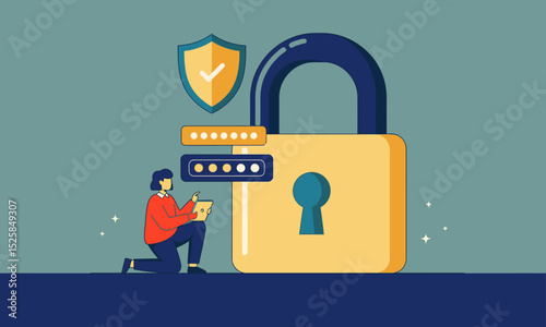 Password Security and Account Protection. Person interacts with password fields, near padlock and shield: emphasizing secure account access and data protection.