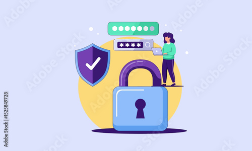 Secure Account Login and Privacy Management.Person with laptop uses password fields near padlock and shield: secure account login, password protection, and overall digital privacy.