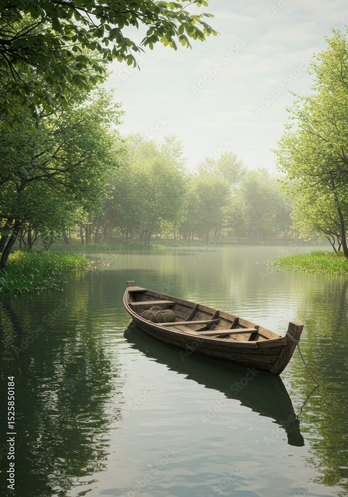 Obraz premium Wooden boat on calm water surrounded by lush greenery