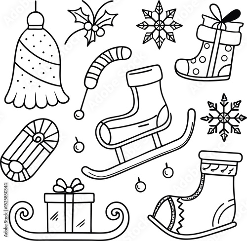 christmas doodle elements with gift boxes, stockings, snowflakes, ice skates and winter holiday decorations in black outline vector