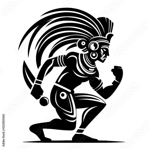 Vector Aztec warrior in black tribal silhouette