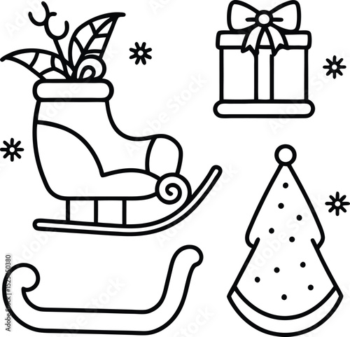 christmas line art silhouette with sleigh gift christmas tree hat and snowflakes holiday vector clipart design