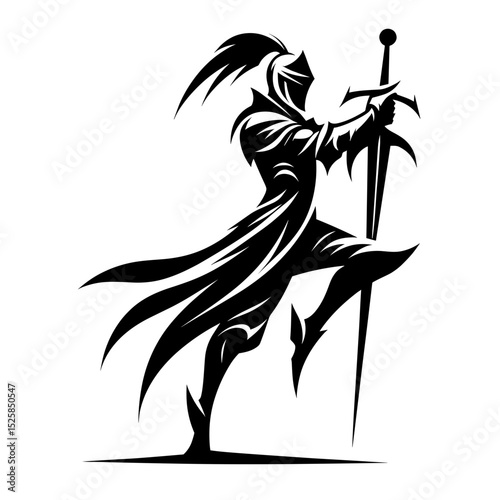 Medieval knight raising sword in dramatic vector silhouette
