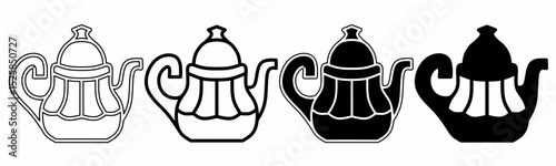 Black and white illustration of a teapot. Teapot icon collection with line. Stock vector illustration.