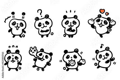 手描きのパンダキャラのイラストセット②（驚く、考える、他）