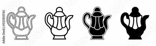 Black and white illustration of a teapot. Teapot icon collection with line. Stock vector illustration.