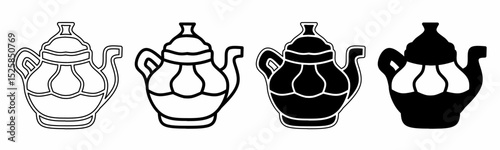 Black and white illustration of a teapot. Teapot icon collection with line. Stock vector illustration.
