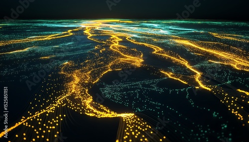 Aerial view of glowing city lights at night.