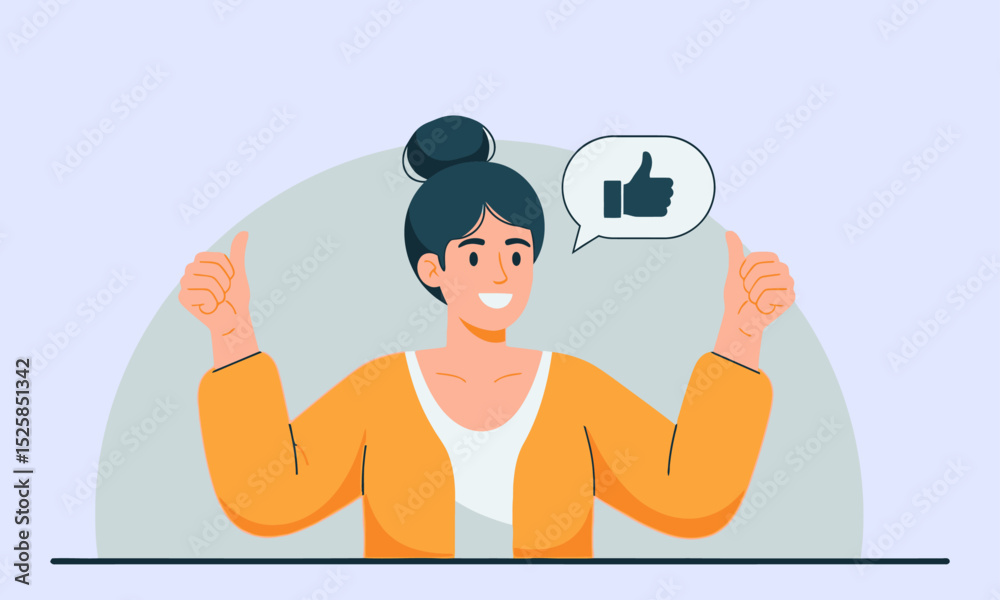 Fototapeta premium An illustration of a cheerful woman with a bun hairstyle giving a double thumbs-up gesture, with a