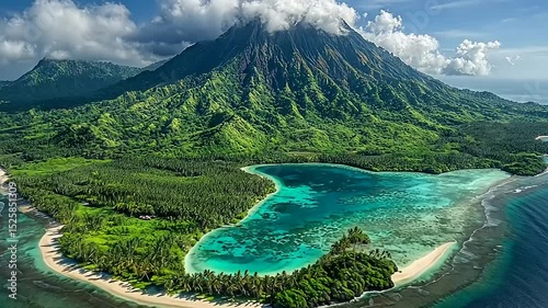Aerial view of lush tropical island with volcano and turquoise lagoon, perfect for vacation photo