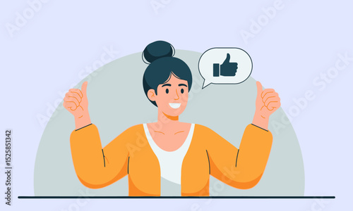 An illustration of a cheerful woman with a bun hairstyle giving a double thumbs-up gesture, with a "like" icon in a speech bubble, symbolizing positive feedback, approval, or success.