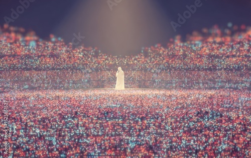 A figure stands on a stage illuminated by spotlight, surrounded by a crowd of blurred particles