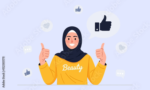Muslim Woman Engaged in Social Media with Thumbs Up. Woman in head covering gives double thumbs-up amidst social media icons, symbolizing positive online engagement.