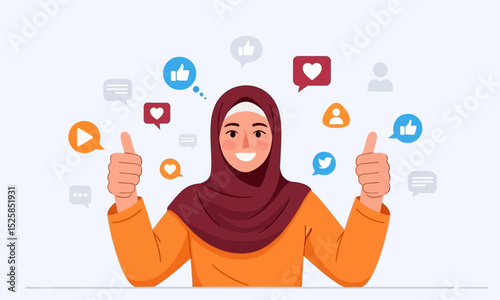 Muslim Woman Engaged in Social Media with Thumbs Up. Woman in head covering gives double thumbs-up amidst social media icons, symbolizing positive online engagement.