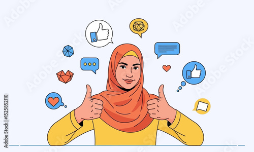 Muslim Woman Engaged in Social Media with Thumbs Up. Woman in head covering gives double thumbs-up amidst social media icons, symbolizing positive online engagement.