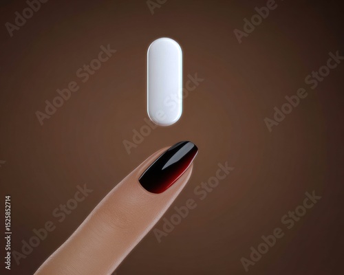 A finger with a dark, ombre nail polish, poised to touch a white pill