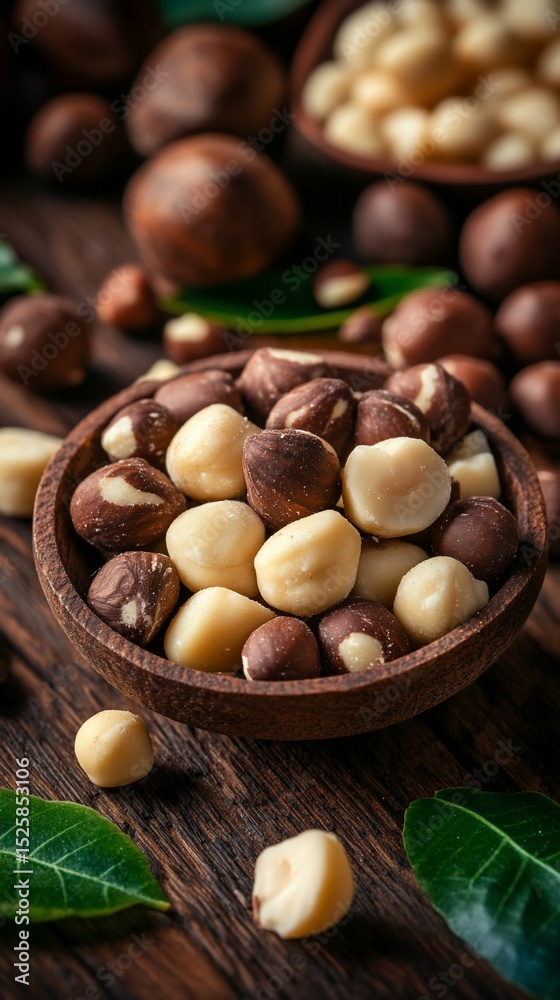Roasted macadamia nuts in a bowl, displayed with leaves on a wooden surface Roasted macadamia nuts in a bowl, displayed with leaves on a wooden surface