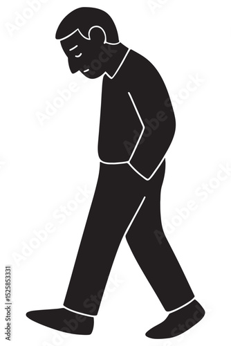 Silhouette of a man walking slowly with a bowed head and hands in pockets, sad man silhouette