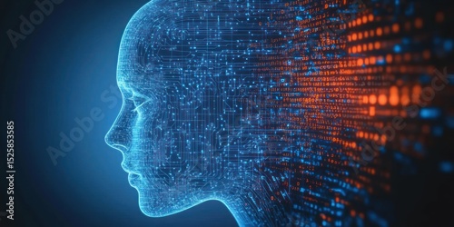 Digital blue human profile with circuit pattern and orange binary code streaming from the head symbolizing artificial intelligence and data processing