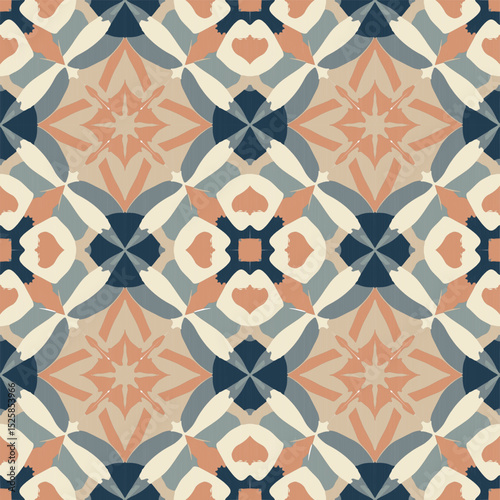 A geometric flower pattern without a patch on the ground, a cream color, a blue flower pattern alternating with a son color, is used for vector-style tile wallpaper.