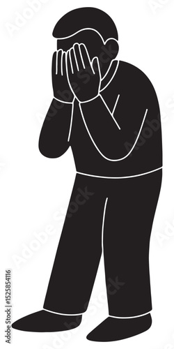 Silhouette of a man clapping both hands over his face in shyness