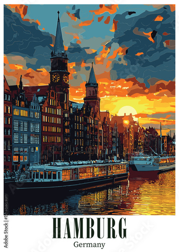 Hamburg, Germany, Vector Illustration at Sunset