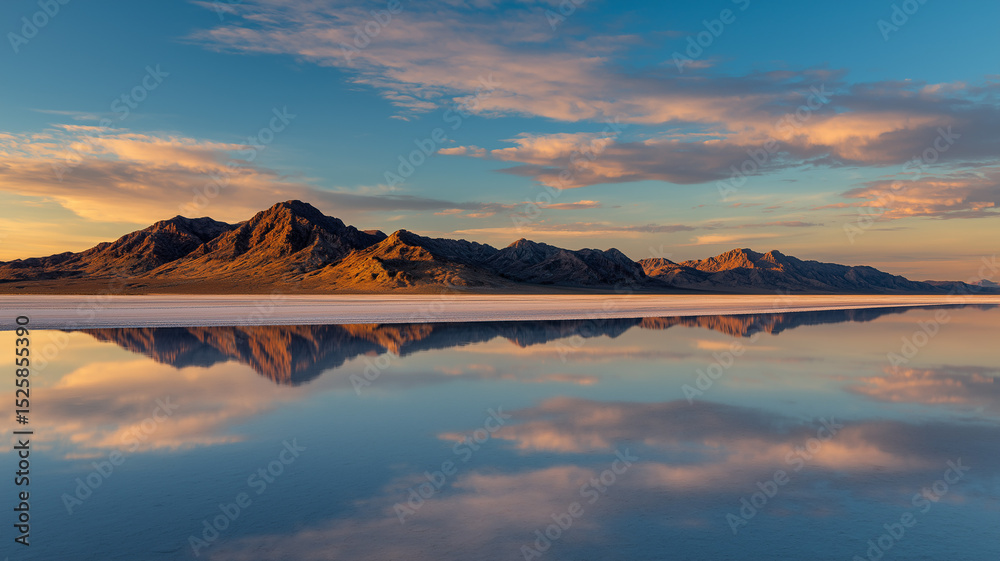 Fototapeta premium Mirror-like salt flat reflections with figure walking, golden light, solitude theme, minimal landscape style