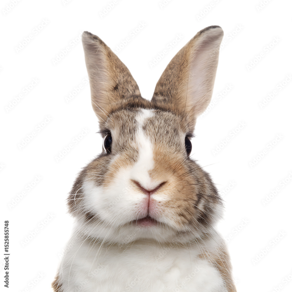 Fototapeta premium Adorable brown and white rabbit close up isolated on transparent background