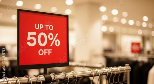 Seasonal clearance sale retail store promotional signage shopping center customer perspective discounts up to 50% off on apparel and accessories photo