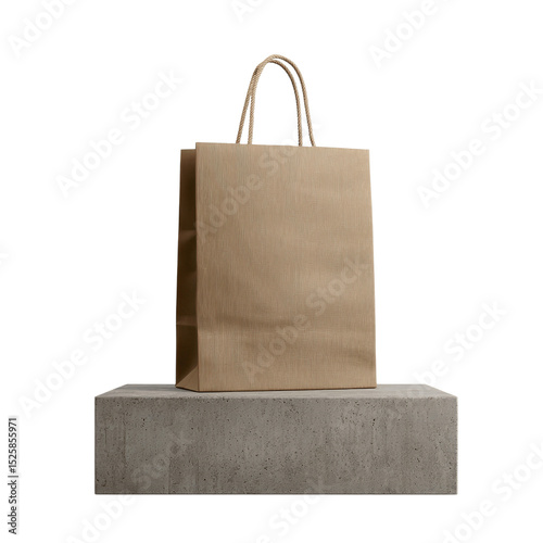 Stylish Brown Paper Shopping Bag on Concrete Block