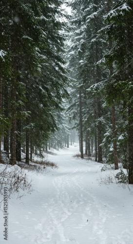Snowy path through evergreen forest