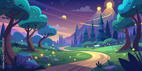 Enchanting night forest path, magical landscape, fantasy illustration
