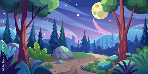 Enchanting night forest path, moonlit landscape, png